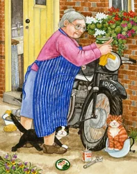 Großmutter und 2 Katzen und Motorrad